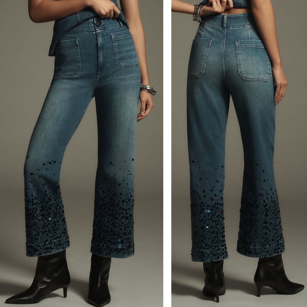 NWT Anthropologie Colette Sequin Crop Wide-Leg Jeans in Medium Wash